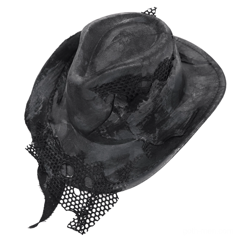 Interior structure of gothic cowboy hat showing lined inner crown and structured leather brim construction