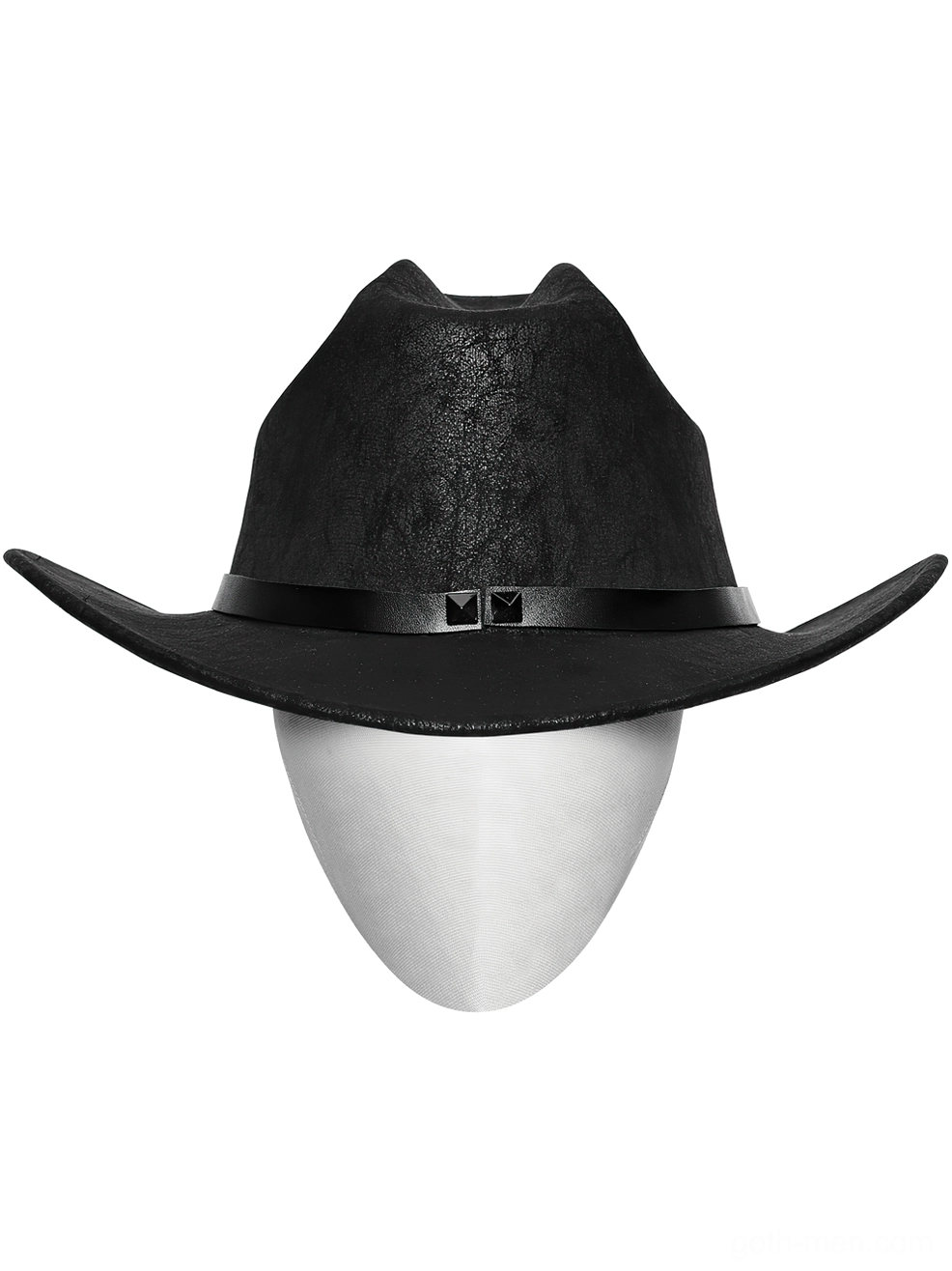Left side view of black gothic cowboy hat with side stud decorations