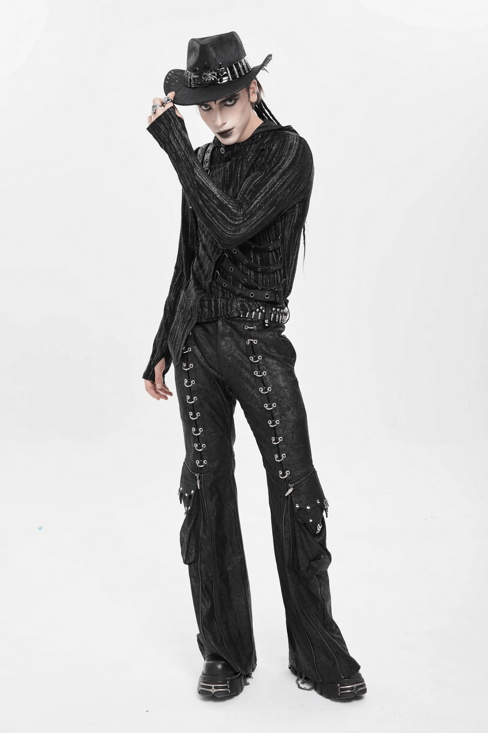 Black gothic cowboy hat with metal skull centerpiece and bullet accents primary product image showing complete design