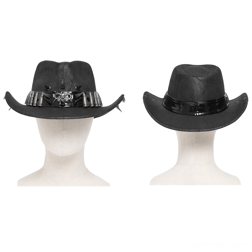 Black metal studded cowboy hat comparison display on two white mannequin heads front and side angle