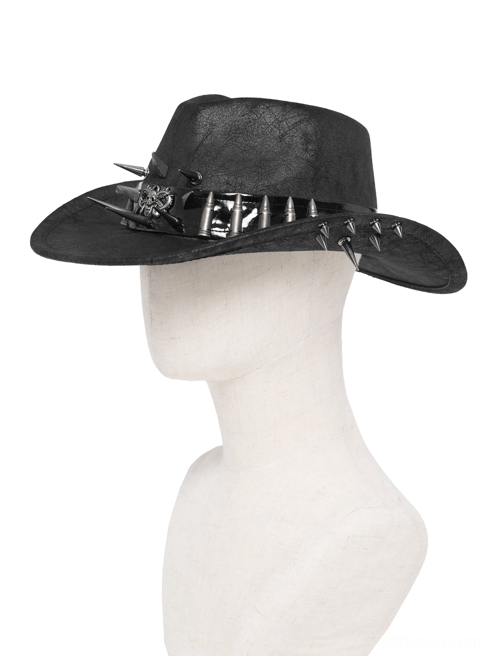 Gothic skull and bullet decorated cowboy hat on mannequin head shown in three-quarter side angle highlighting metal hardware details