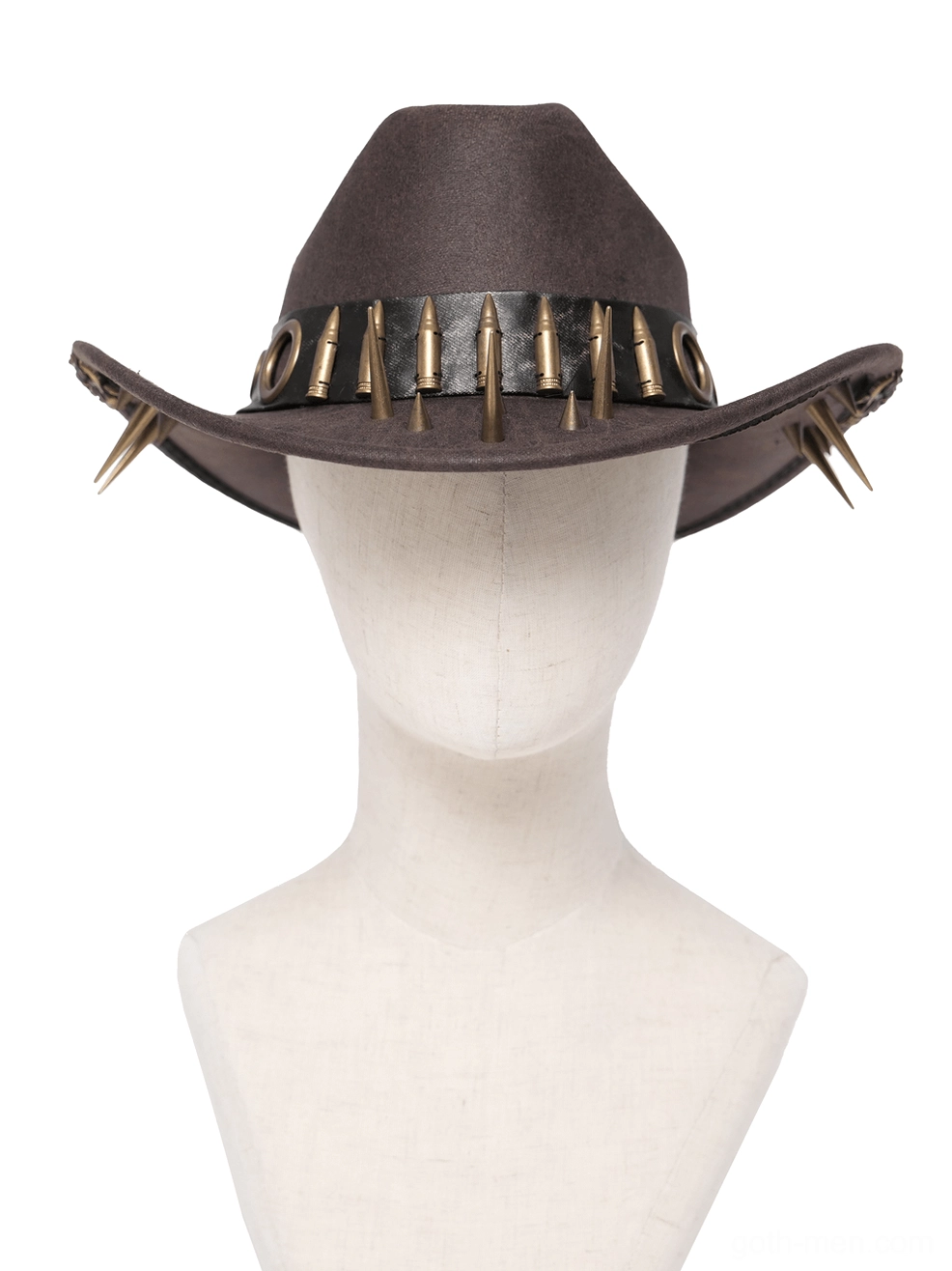 Brown gothic cowboy hat on mannequin bust showing metal bullet ring hardware, spike brim trims, and suede-like synthetic leather texture