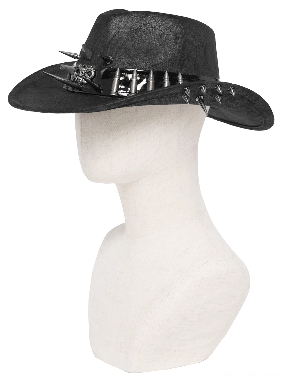 Right side profile of gothic spiked western cowboy hat showing metal spike details on distressed faux leather