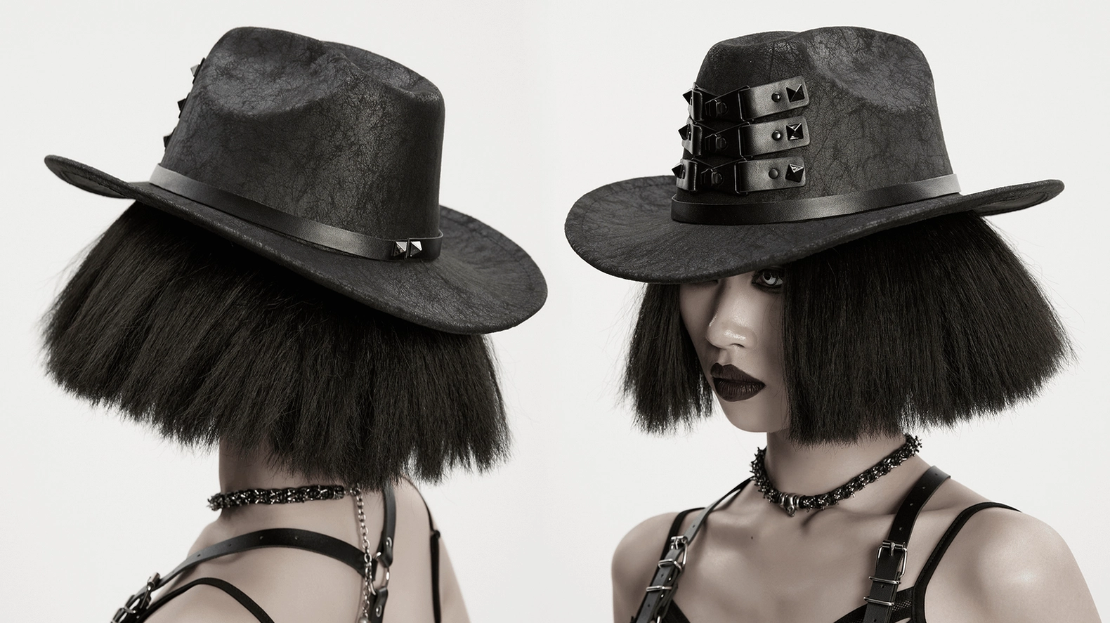 Black suede gothic cowboy hat showing overall silhouette and proportions