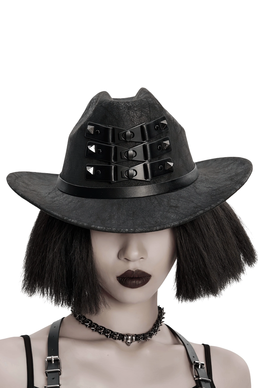 Full profile view of black gothic cowboy hat on mannequin head