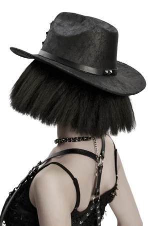 Rear view of black gothic cowboy hat showing studded leather band and triple buckle design