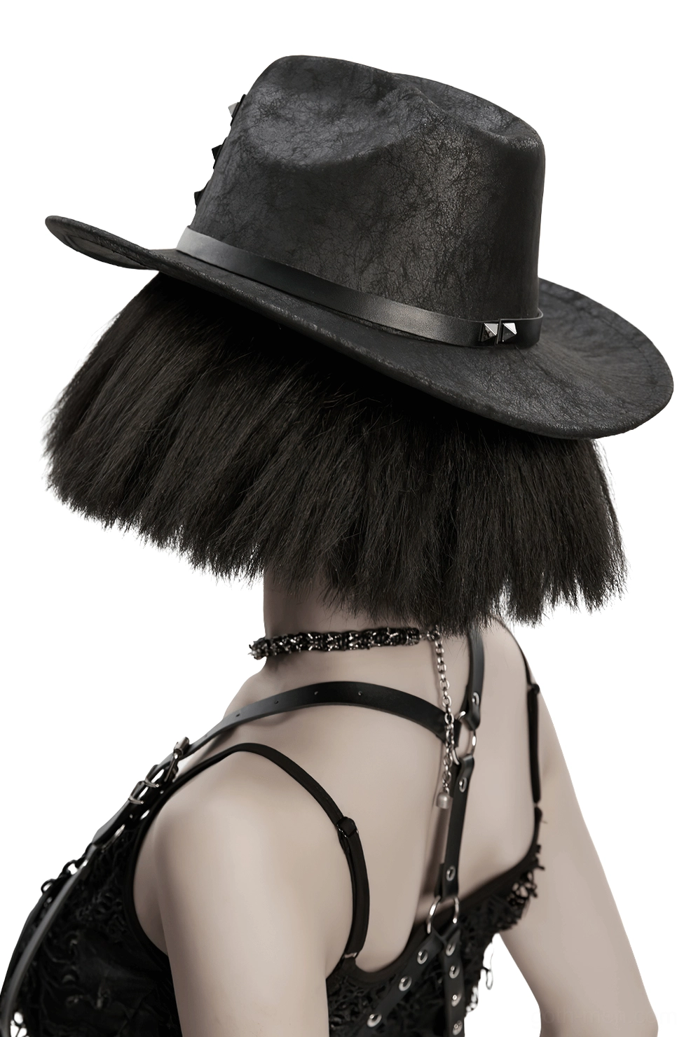 Rear view of black gothic cowboy hat showing studded leather band and triple buckle design