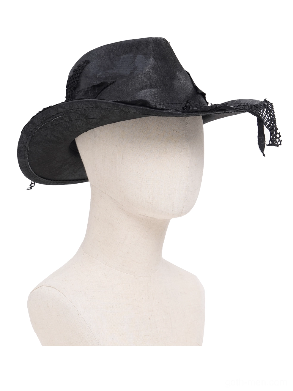 Gothic cowboy hat right side view on mannequin head with hanging distressed fishnet trim accent