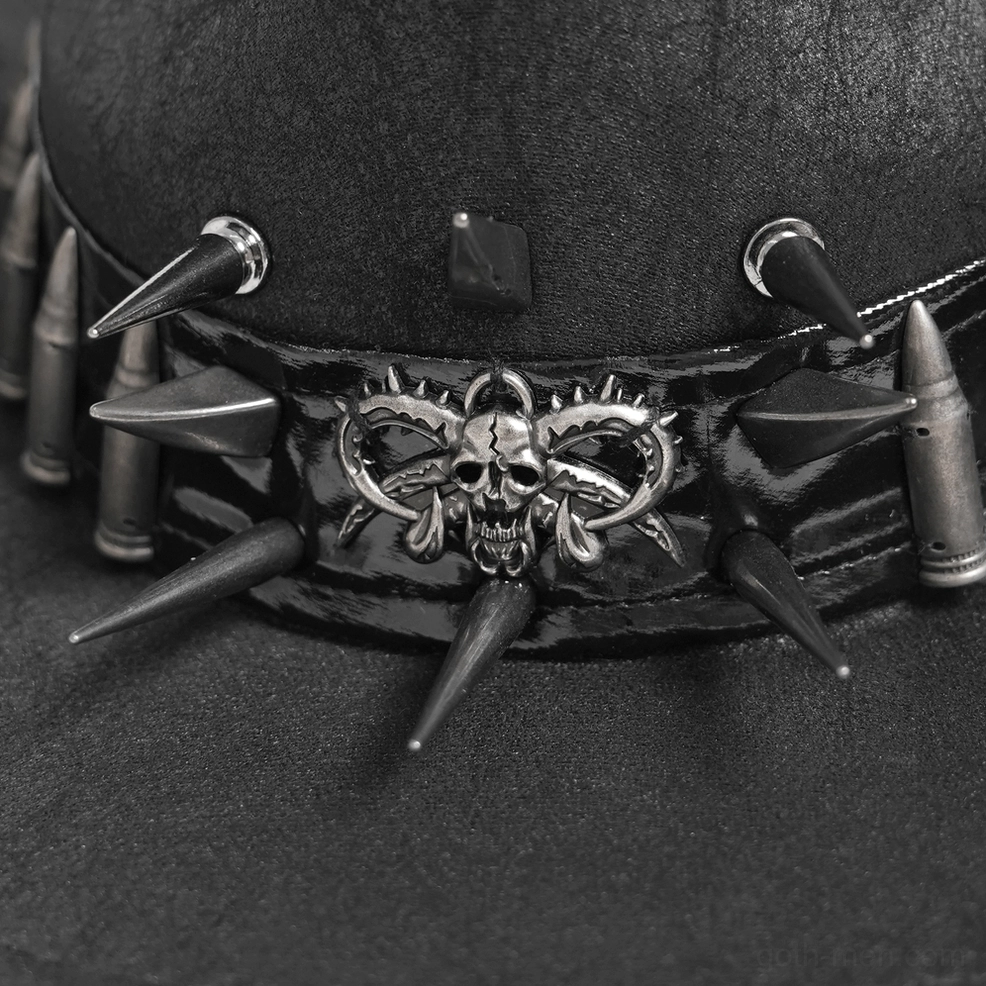 Alternative view of black gothic cowboy hat with metal skull and bullet band demonstrating hat shape and proportion