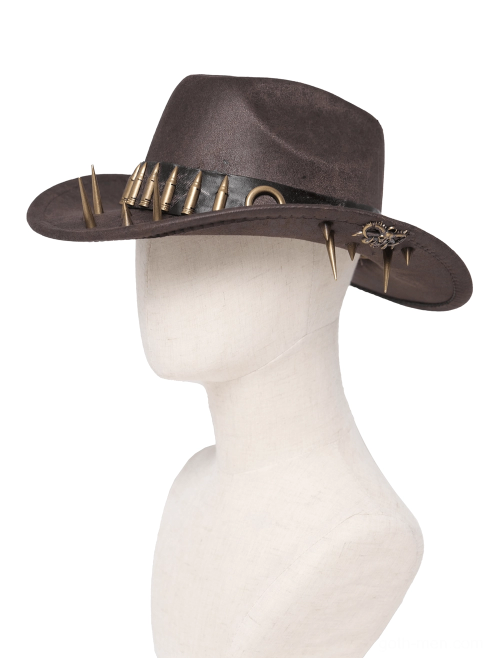 Side profile view of brown gothic cowboy hat displaying metal bullet crown trim, brim spikes, and cross pendant accessory detail