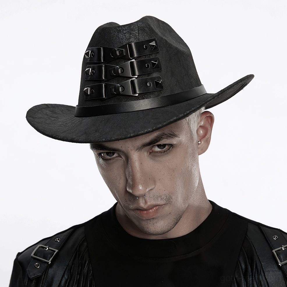 Side profile detail of black suede gothic cowboy hat showing texture