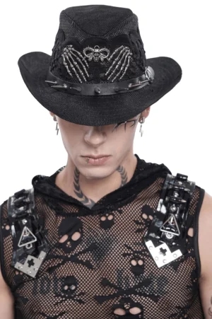 Skull lace gothic cowboy hat with skeleton hand appliqués and metal spike trim, front view on tattooed male model