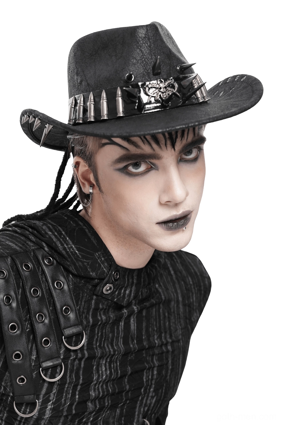 Black gothic cowboy hat with metal skull centerpiece and bullet band worn by male model with goth styling, front three-quarter view