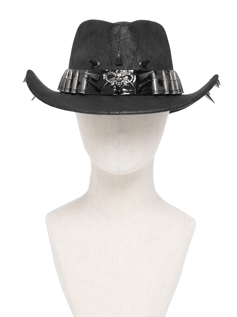 Black faux leather gothic cowboy hat with metal skull centerpiece and bullet spike brim decorations displayed on mannequin, front view