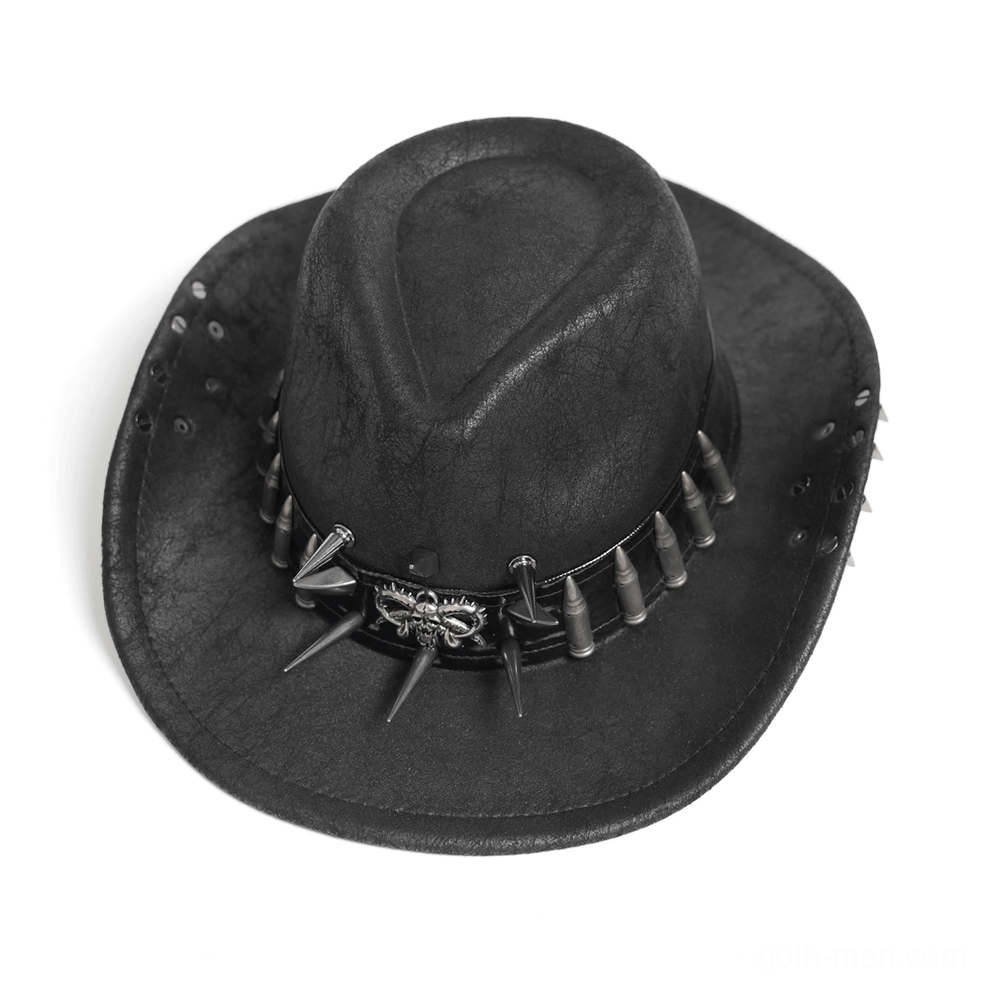 Top front view of gothic spike bullet belt on cowboy hat showing full metal stud pattern and design