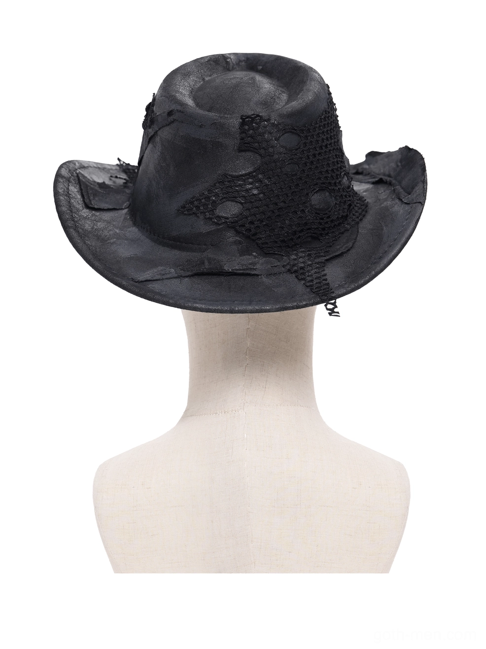 Black gothic cowboy hat front view on mannequin with star distressed patch and fishnet mesh embellishments