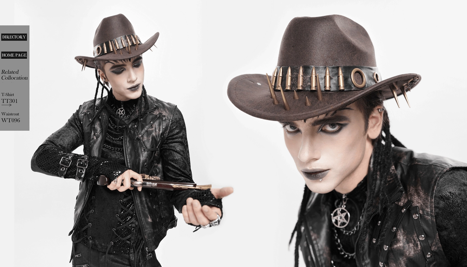 Brown gothic cowboy hat lifestyle shot showing steampunk goth aesthetic and dark alternative fashion appeal