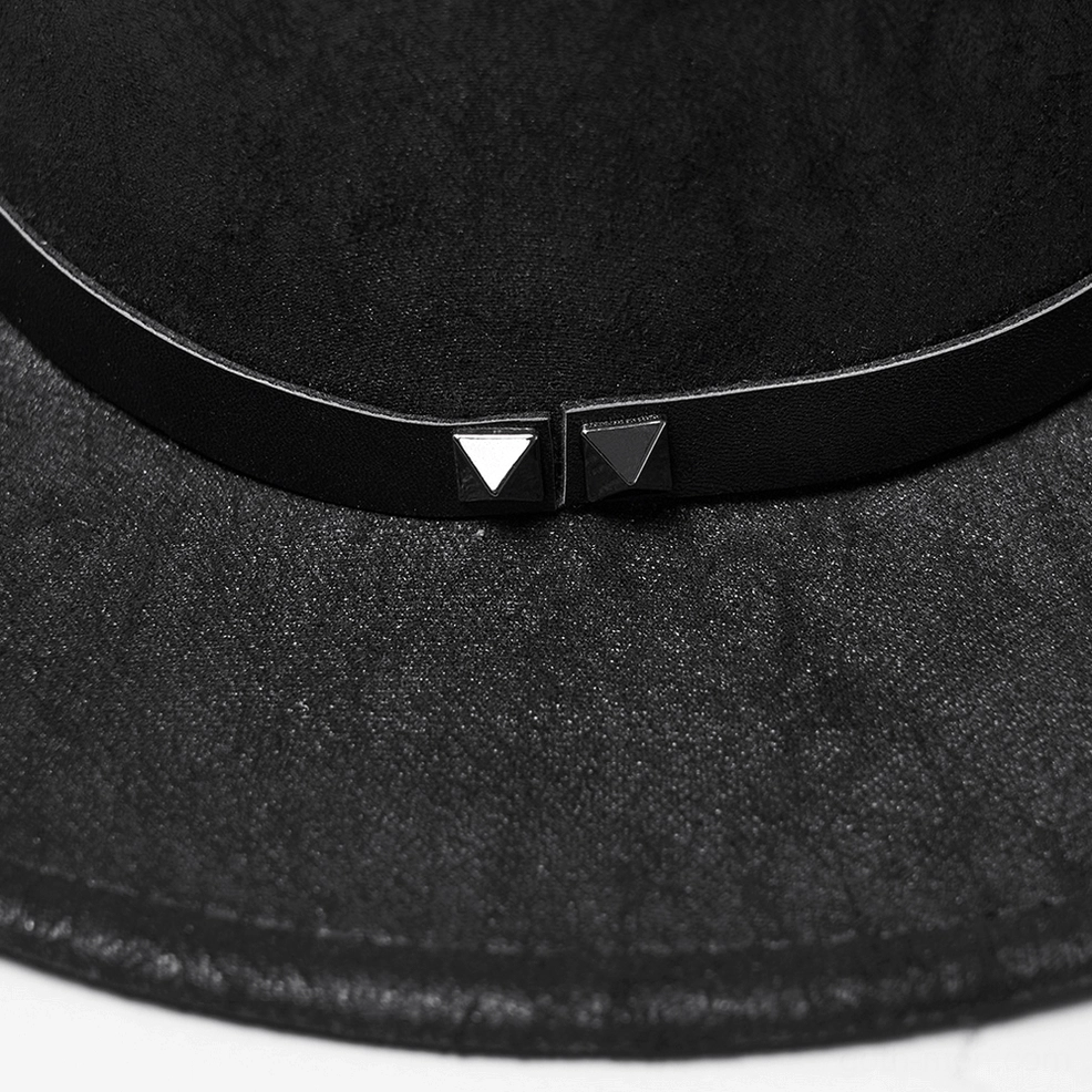 Black suede gothic cowboy hat detail shot showing buckle strap construction