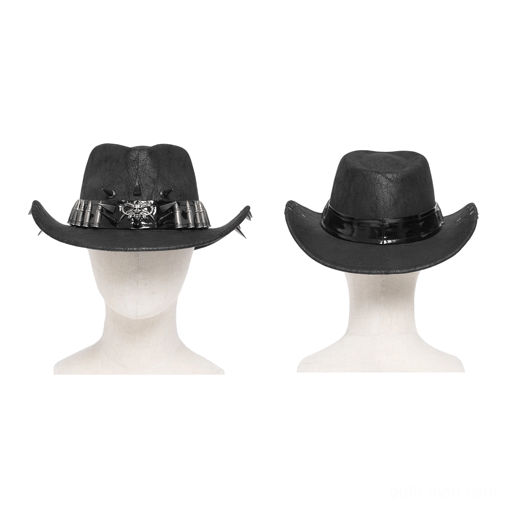 Two black gothic cowboy hats displayed on mannequin heads showing metal skull decorated and plain leather band styles, front view