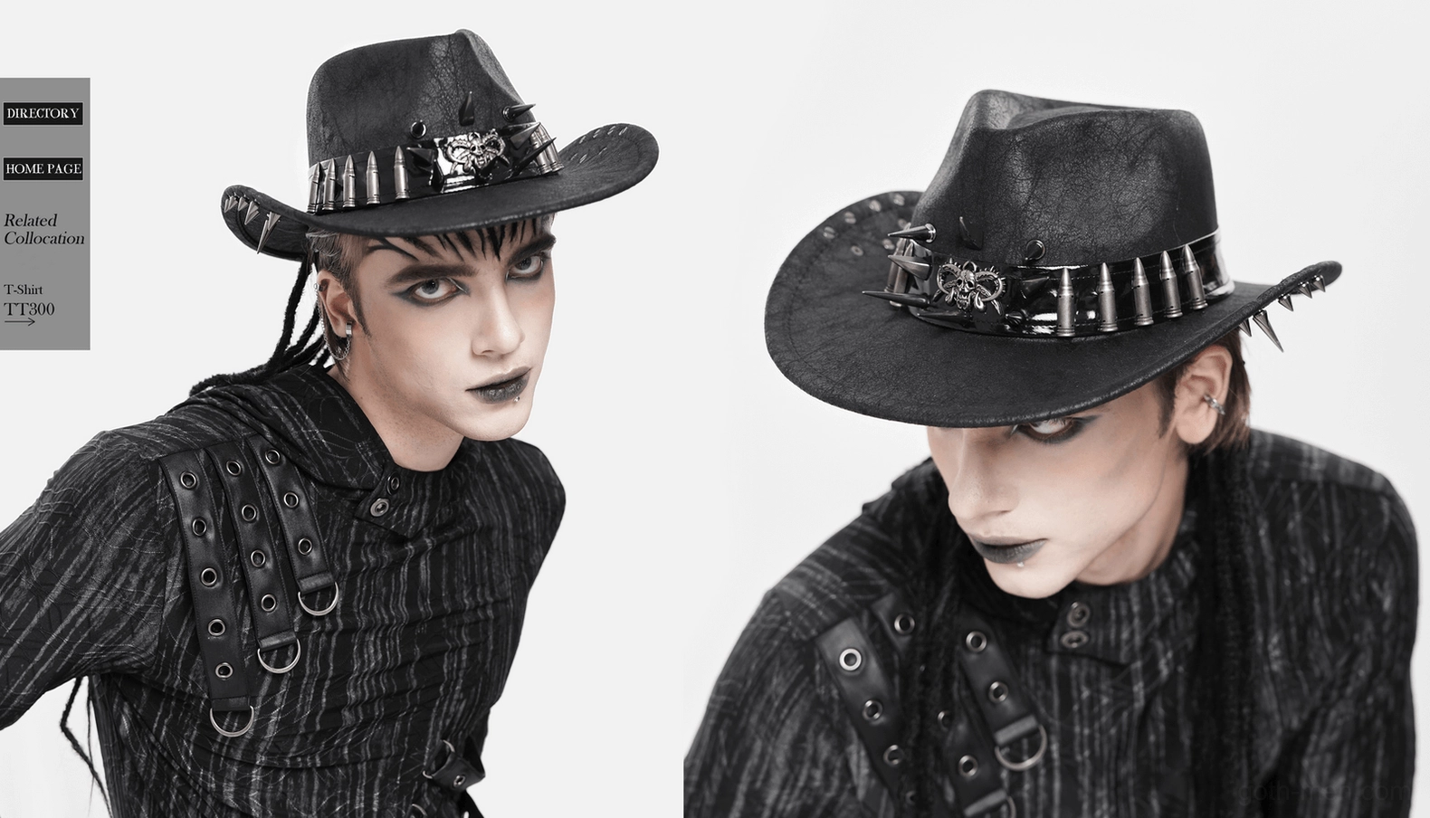 Gothic cowboy hat texture closeup showing distressed black synthetic leather and metal spike details
