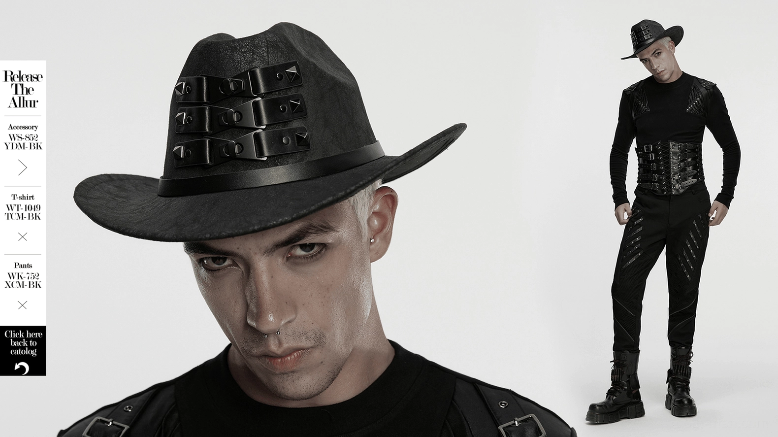 Black gothic cowboy hat three-quarter view showing crown and brim design