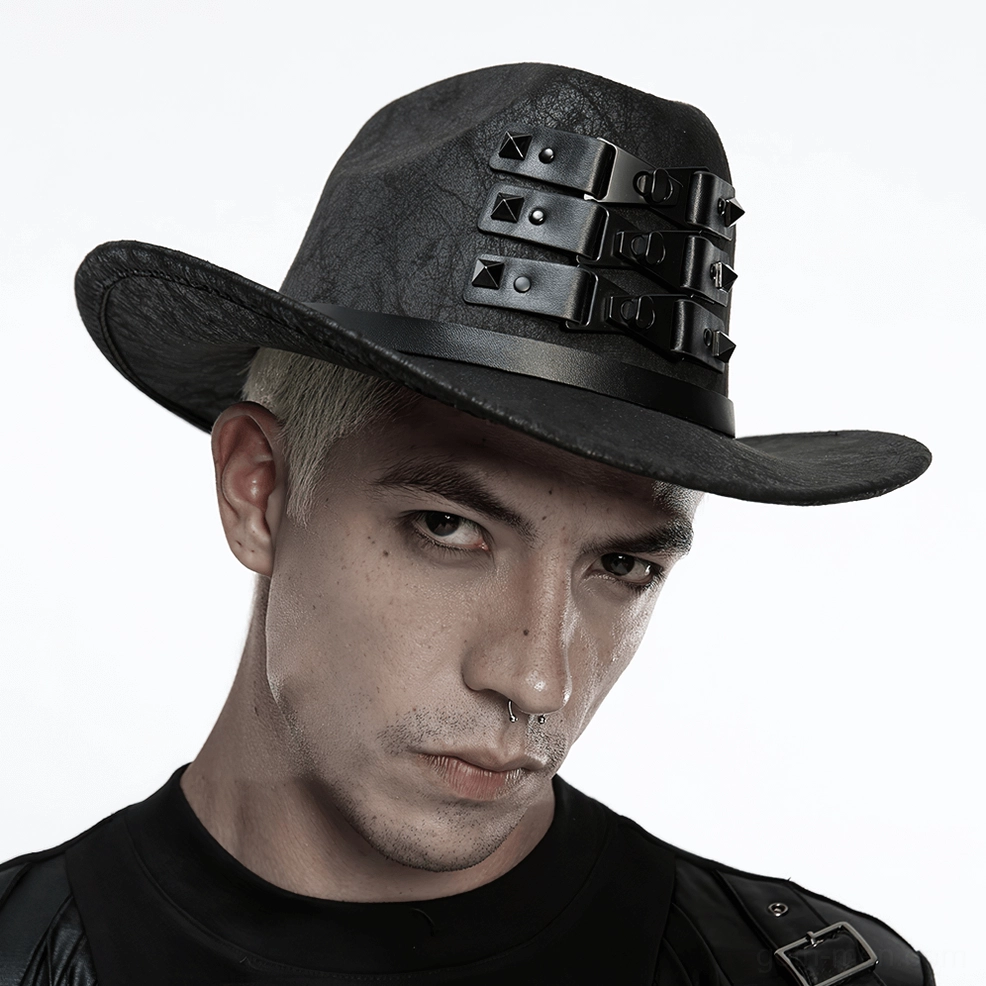 Three-quarter view of black gothic cowboy hat on display