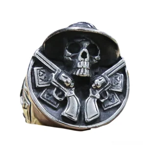Unisex gothic skull western ring overhead angle aged silver finish embossed pattern