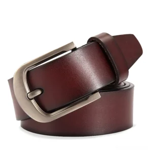 Deep brown authentic cowhide leather belt with matte silver buckle, 3/4 front view on white background