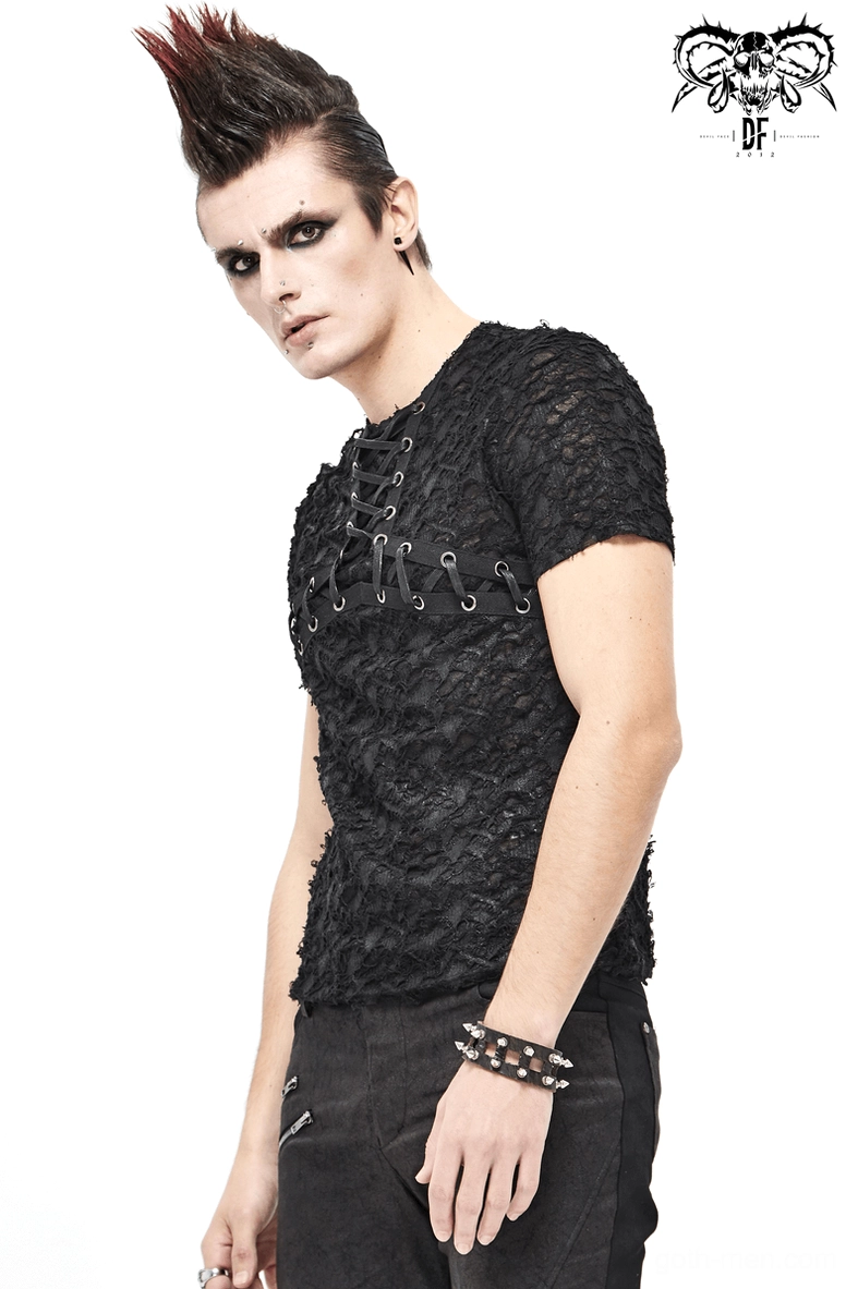 Additional styling view of gothic punk men's t-shirt with cracked black texture in alternative photography angle