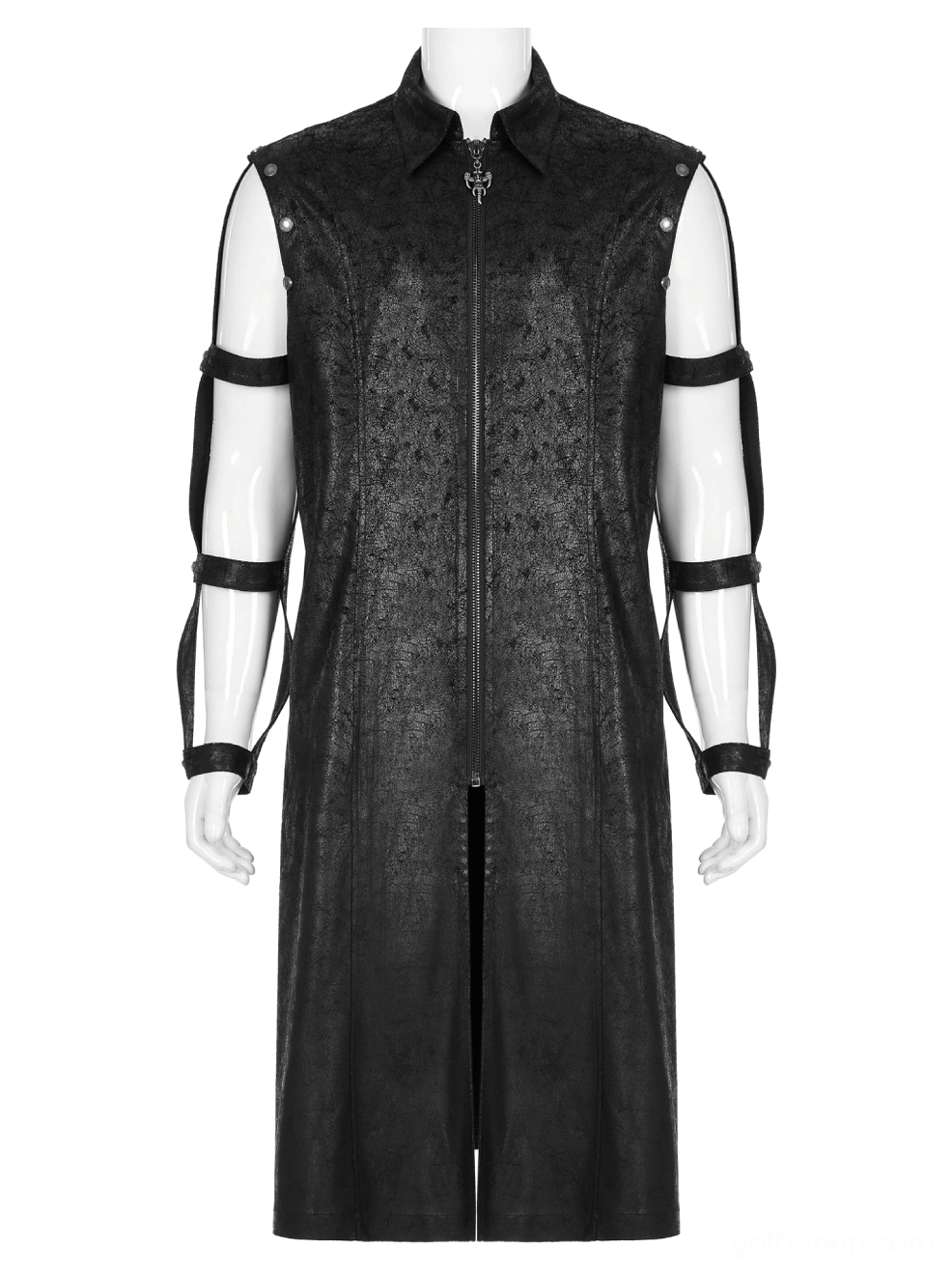 Front mannequin view of gothic cracked rubber longline coat with removable arm straps and metal buckle closures