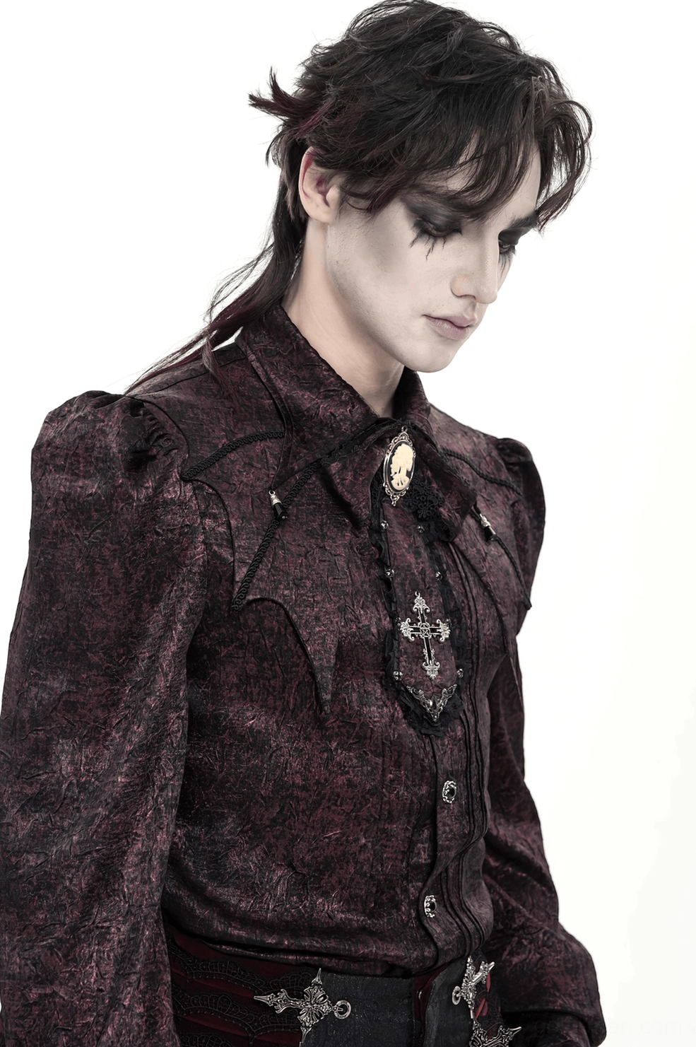 Burgundy lace-trimmed Gothic cameo cross cravat showing fabric texture and finish