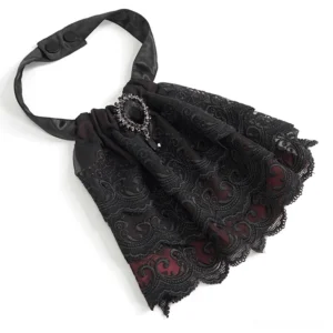 Black lace gothic cravat hanging display front view, showing embroidered paisley pattern and dangling diamond brooch pendant