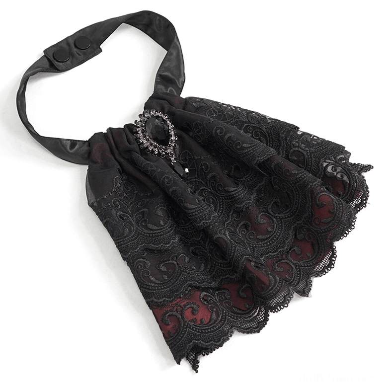 Black lace gothic cravat hanging display front view, showing embroidered paisley pattern and dangling diamond brooch pendant