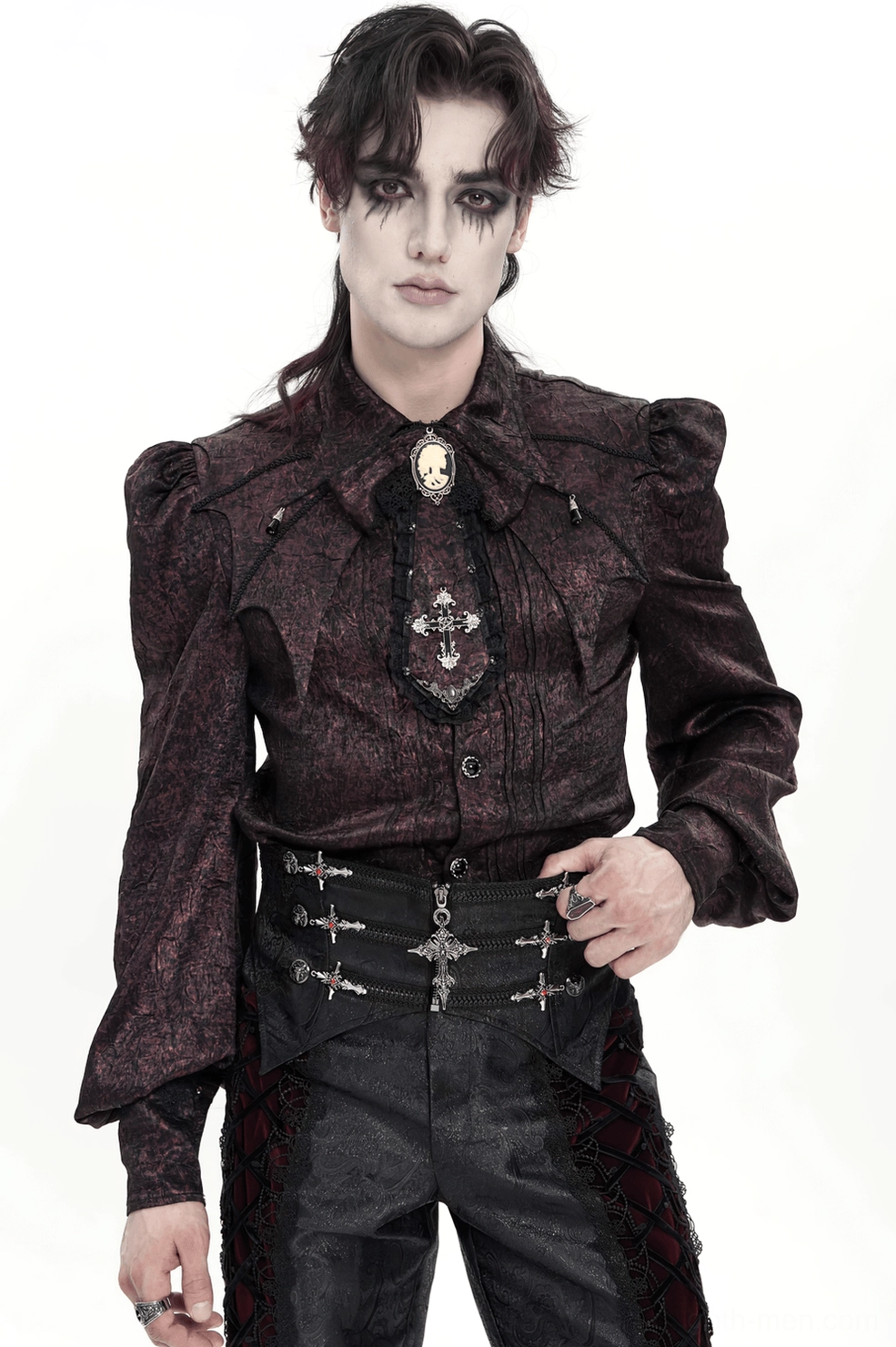 Alternative mannequin display of burgundy Gothic cameo cross lace cravat neckwear