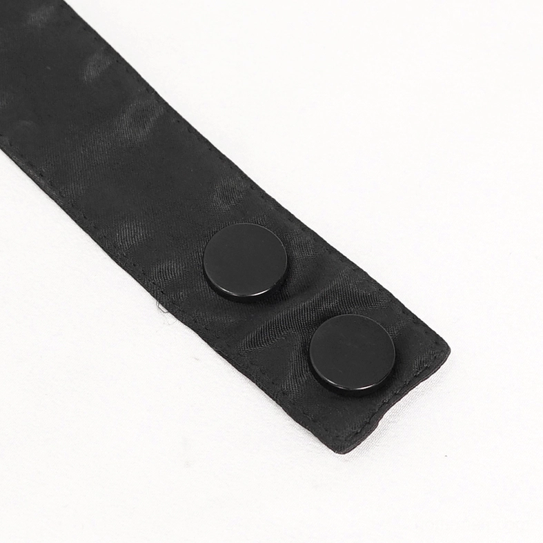 Close-up of gothic cravat fastening strap with black satin fabric and dual round snap fasteners