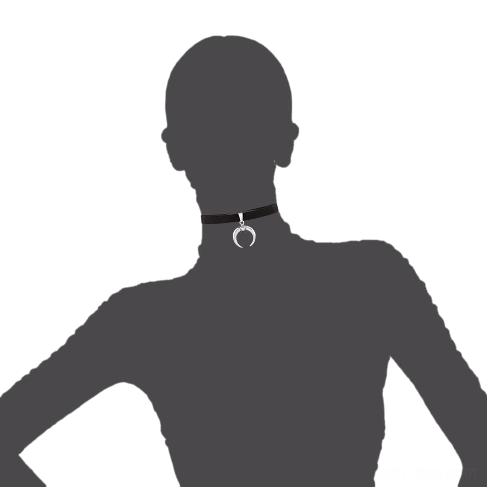 Silhouette of person wearing crescent moon choker against dark background - minimalist gothic neck collar styling