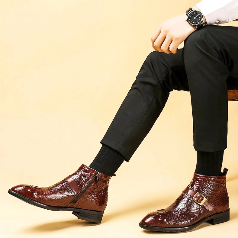 Gothic crocodile embossed leather ankle boots detailed texture closeup showing embossed pattern