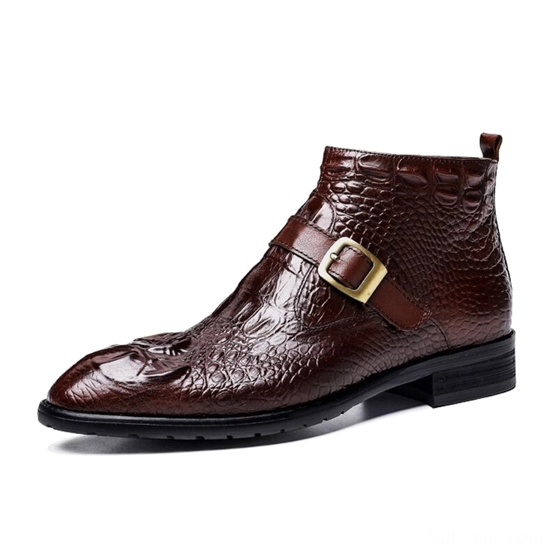 Gothic crocodile embossed leather ankle boots with metal buckle strap, left side profile view in burgundy wine