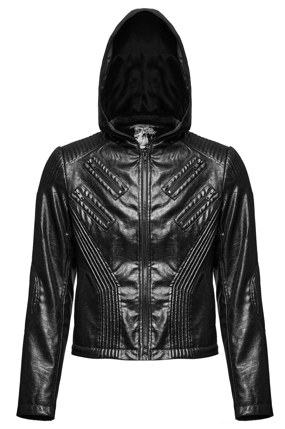 Men's black gothic hooded faux leather cropped jacket flat front view featuring diagonal zippers and quilted stitching pattern