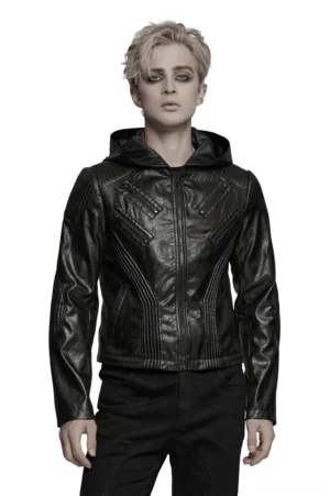 Men's black gothic hooded faux leather cropped jacket half-body front view showing diagonal zipper closure and fitted silhouette