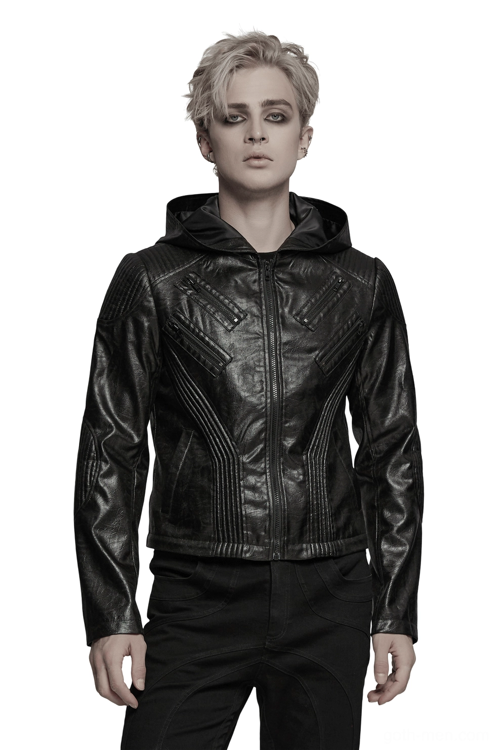 Men's black gothic hooded faux leather cropped jacket half-body front view showing diagonal zipper closure and fitted silhouette