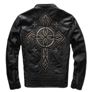Vintage black cowhide gothic biker jacket back view with embroidered cross design