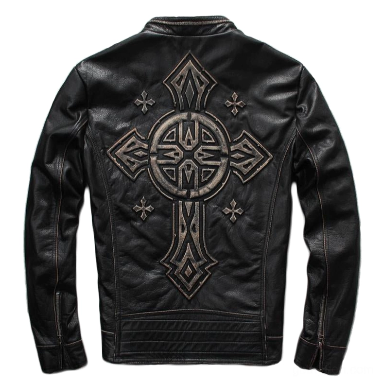 Vintage black cowhide gothic biker jacket back view with embroidered cross design