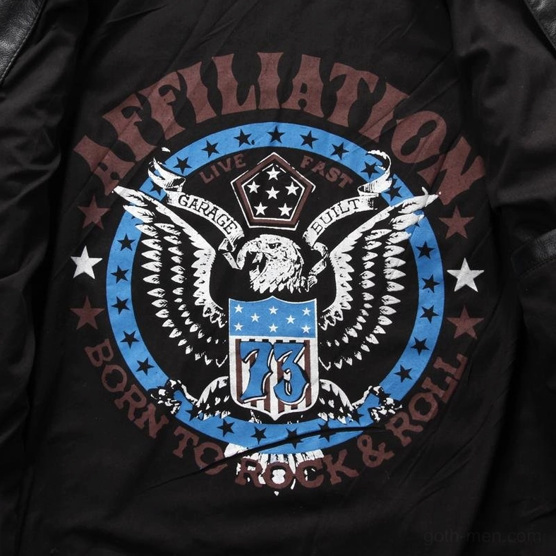 Black cowhide gothic biker jacket full length display with embroidered cross motif