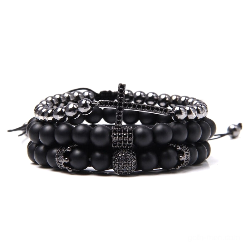 Black matte stone multi-layer gothic cross charm bracelet set with gunmetal cross ornament, flat lay view
