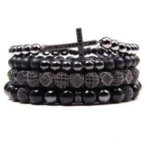 Black polished bead gothic cross bracelet with geometric metal accents and gunmetal cross pendant