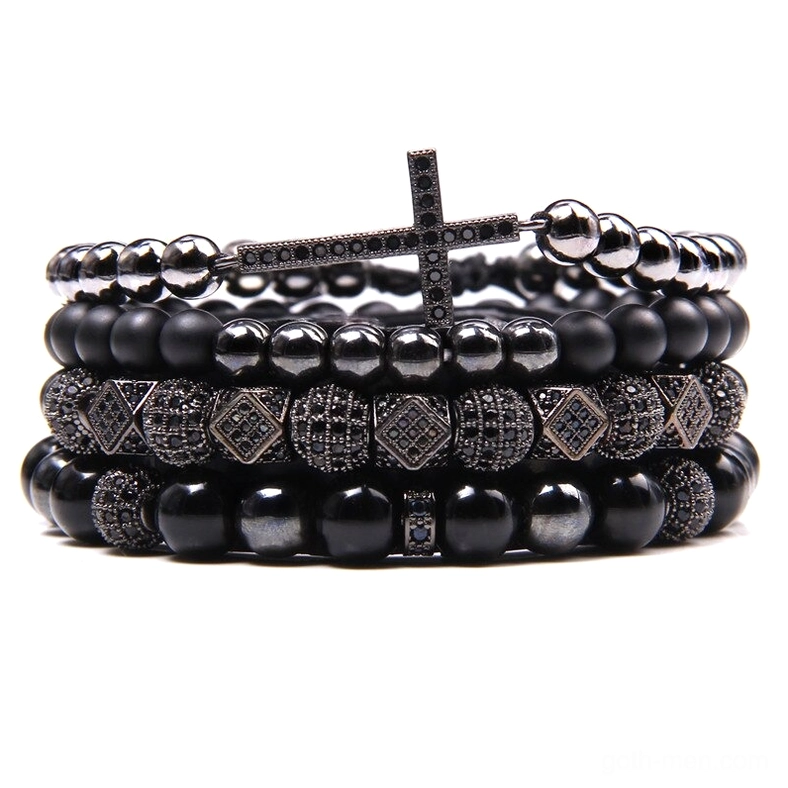 Black polished bead gothic cross bracelet with geometric metal accents and gunmetal cross pendant