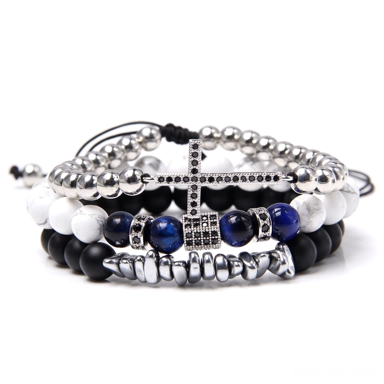 Silver and blue multi-strand gothic cross bracelet featuring mixed natural stone beads in blue black and white