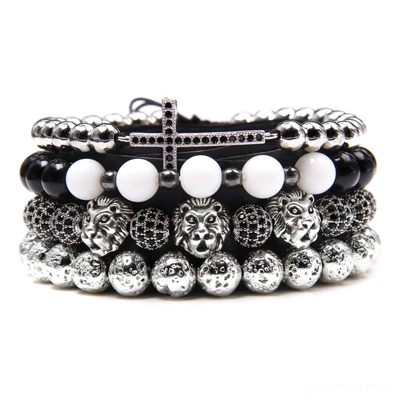 Silver and white gothic cross charm bracelet with lion head metal beads and clear stone accents