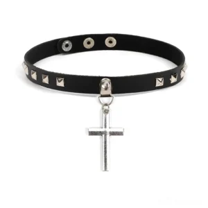Black PU leather cross choker necklace with silver studs - flat lay overhead view